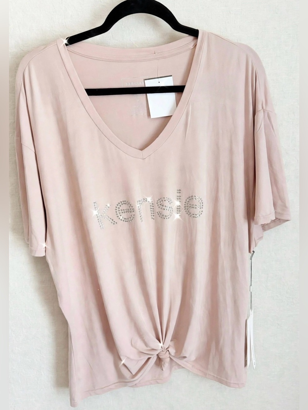 Kensie Light Beige V-Neck Rhinestone Logo Knot Front Tee